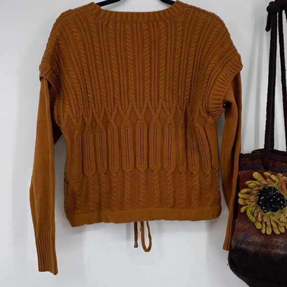DKNY JEANS Cable-Knit Drop Shoulder-Detail Sweater M Long Sleeve TIe Hem Fall Ru - Picture 3 of 10